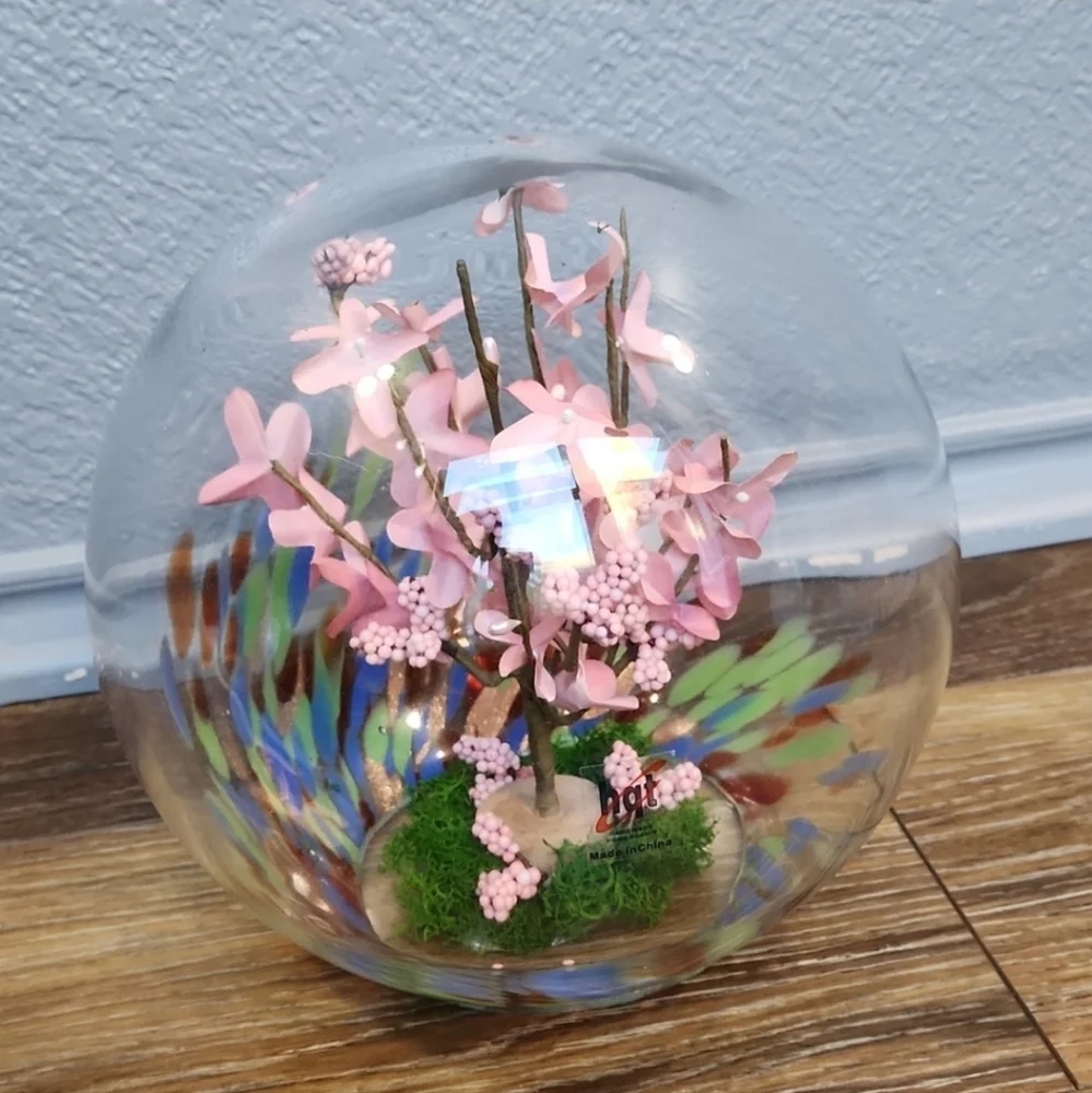 Cherry Blossom ? Pink Flowers Glass Globe Terrarium Blue Green Orange Spots